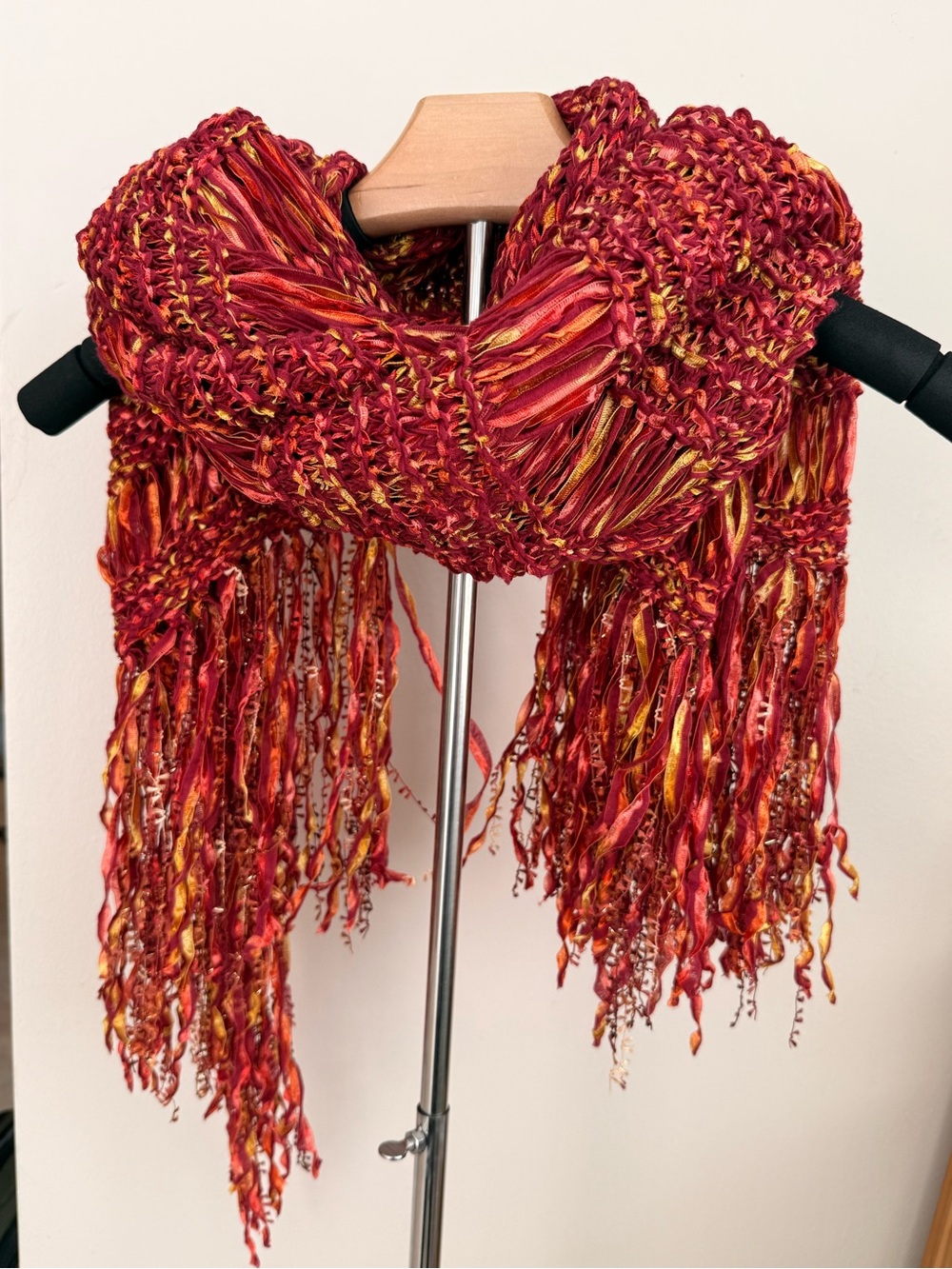 Red Multicolor Fringe Knit Wrap Scarf